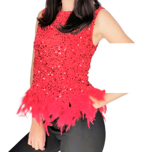 Blusa Brillante Roja con Plumas