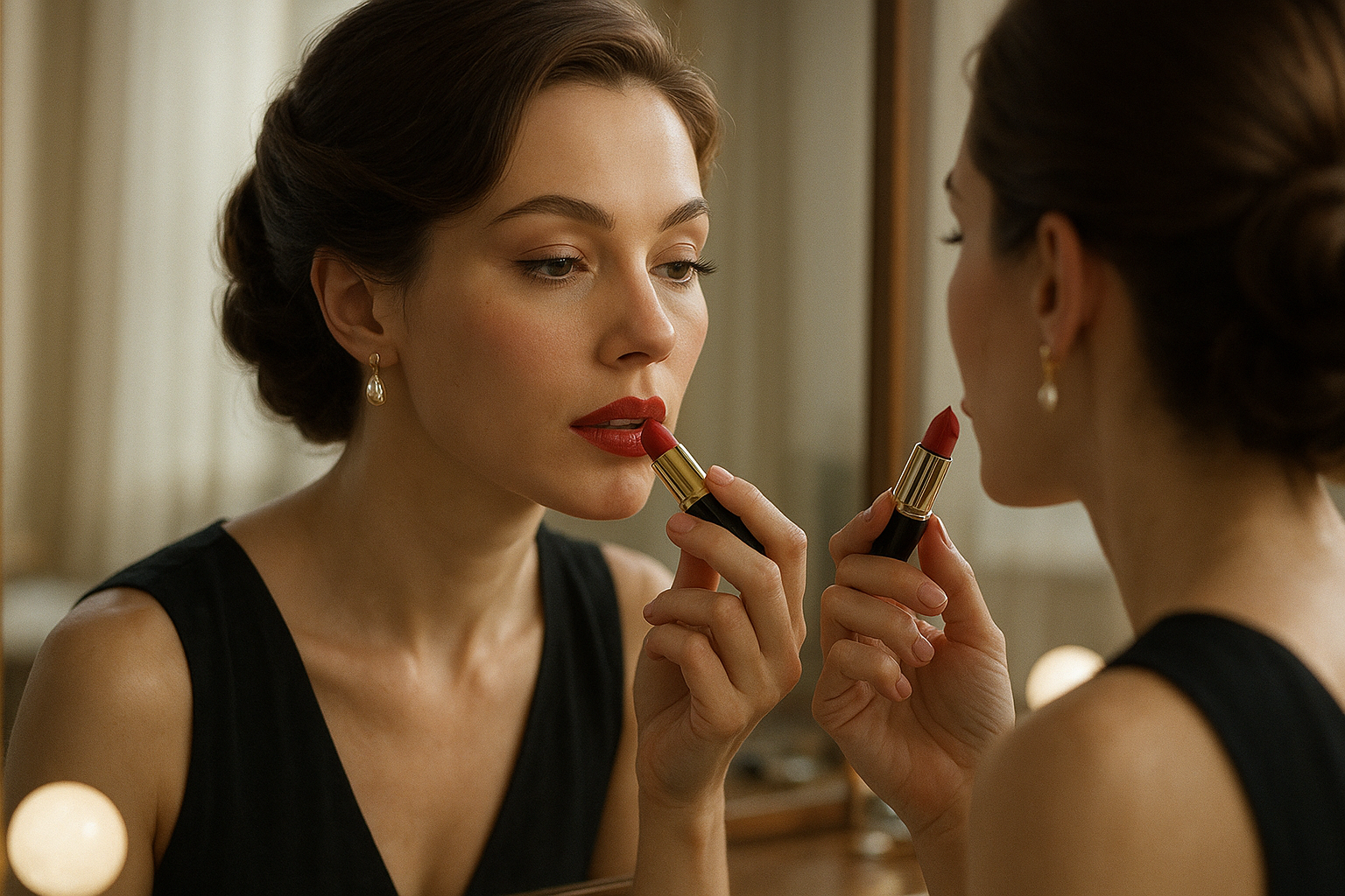 mujer pintandose los labios
